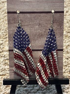 Patriotic Red White Blue Beaded Flag Earrings - Women Jewelry Earrings